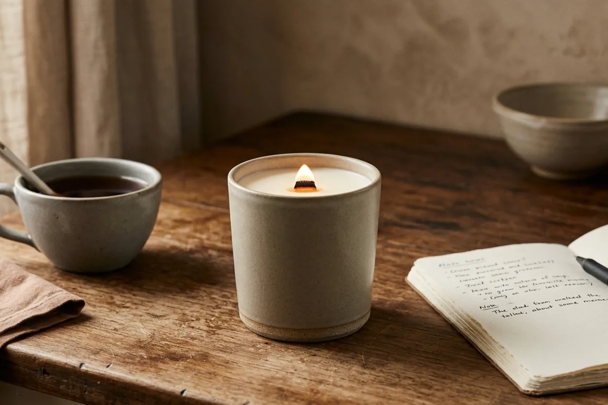 A Bergamot Field candle lit at home: earl grey, an open notebook, and an hour before anyone emails you.