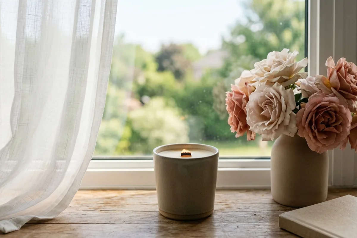 A Elora Rose candle lit at home: an open window, a slow saturday, and something rising in the oven.