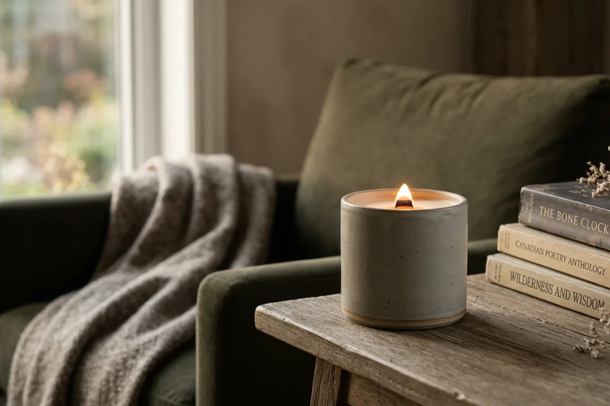 A Harrowgate Cedar candle lit at home: a wool blanket, a stack of unread books, and the last hour of daylight.