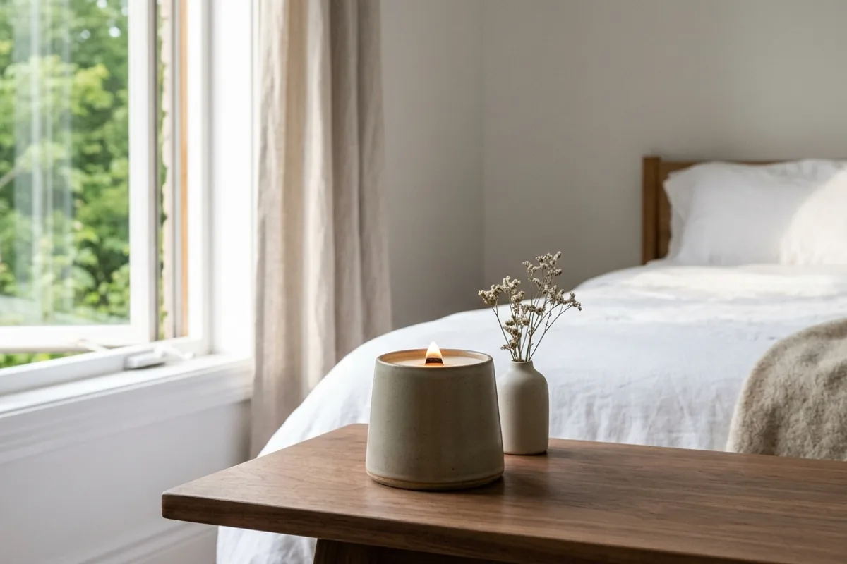 A Speed River Linen candle lit at home: fresh sheets, a fan going, and nothing scheduled.