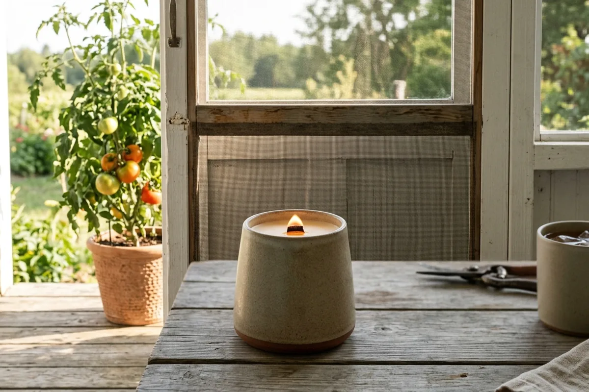 A Wild Yarrow candle lit at home: a screen door, a tomato plant, and dirt under your nails.