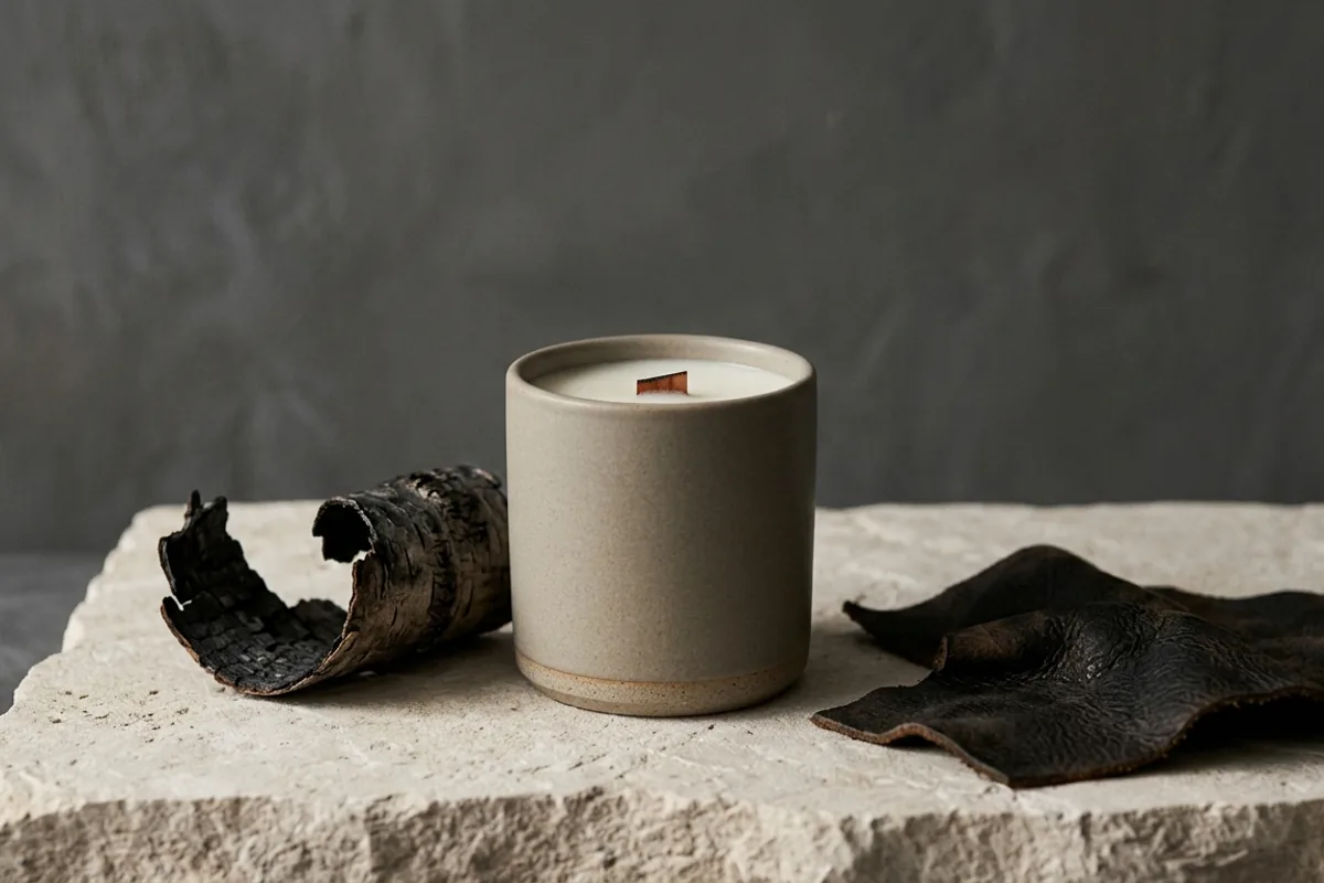 A Ash & Ember candle by Bellwood & Ash: smoked birch and worn leather, banked down for the night.