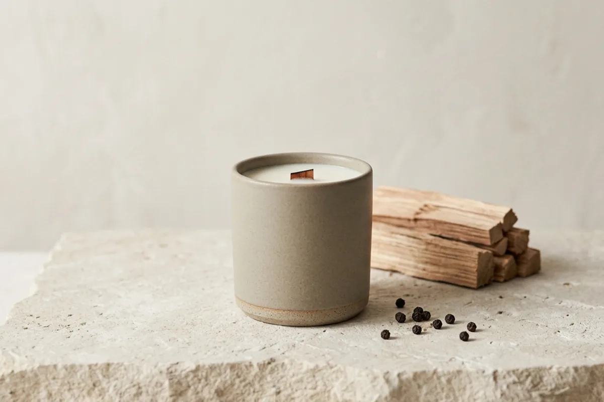 A Harrowgate Cedar candle by Bellwood & Ash: cedar planks, cracked pepper, and the quiet after rain.