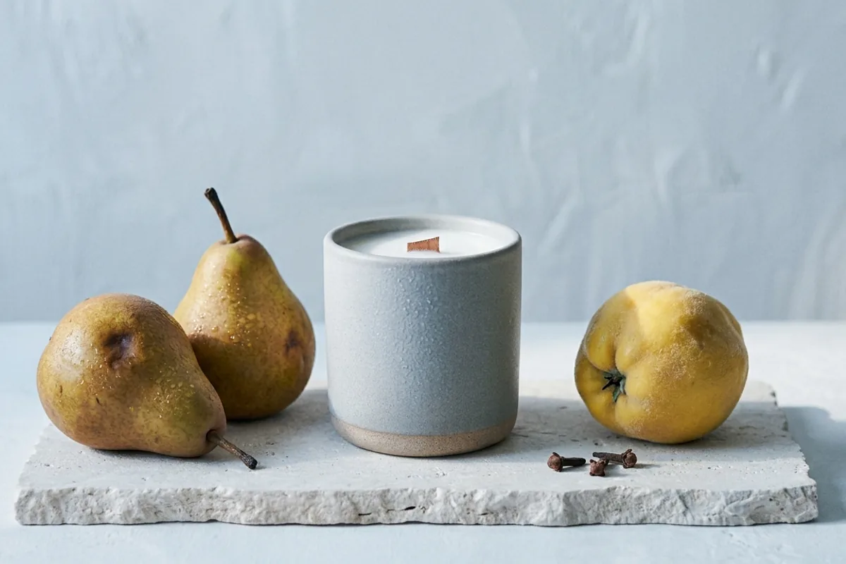 A Orchard Frost candle by Bellwood & Ash: bruised pear, quince, and clove on a cold morning.