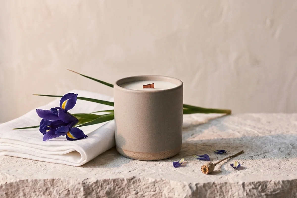 A Speed River Linen candle by Bellwood & Ash: line-dried cotton, iris root, and river air.