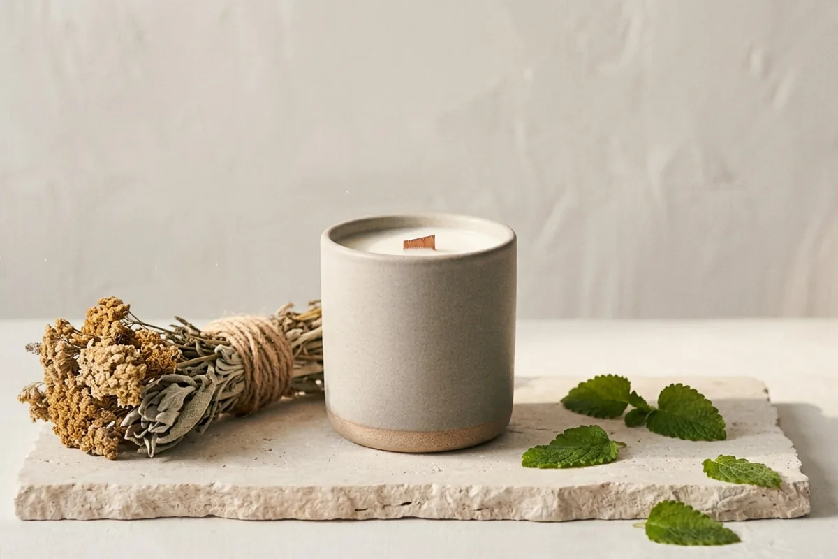 A Wild Yarrow candle by Bellwood & Ash: yarrow, garden sage, and lemon balm off the stem.