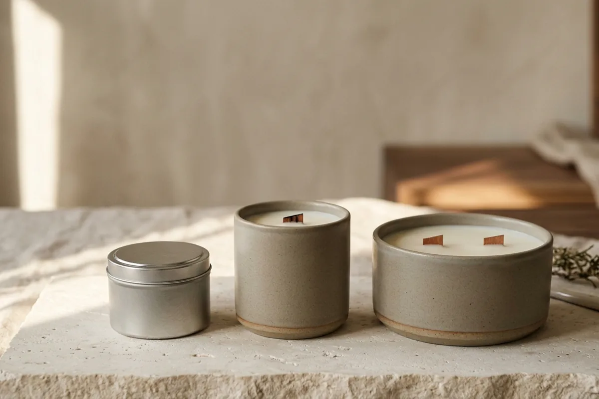 All three Bellwood & Ash sizes side by side: the 5 oz travel tin, the 9 oz signature jar, and the 16 oz Atelier.