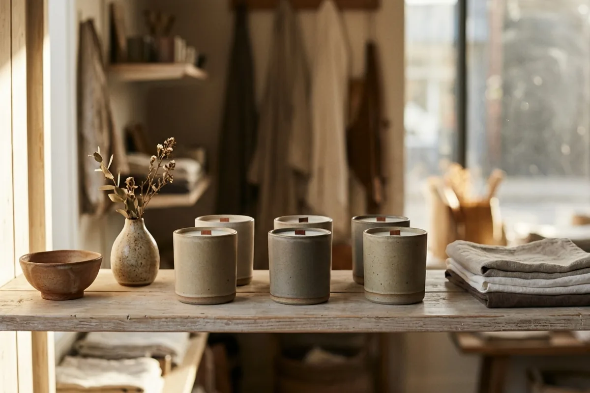 A shelf of Bellwood & Ash candles in an independent shop, afternoon light through the window.