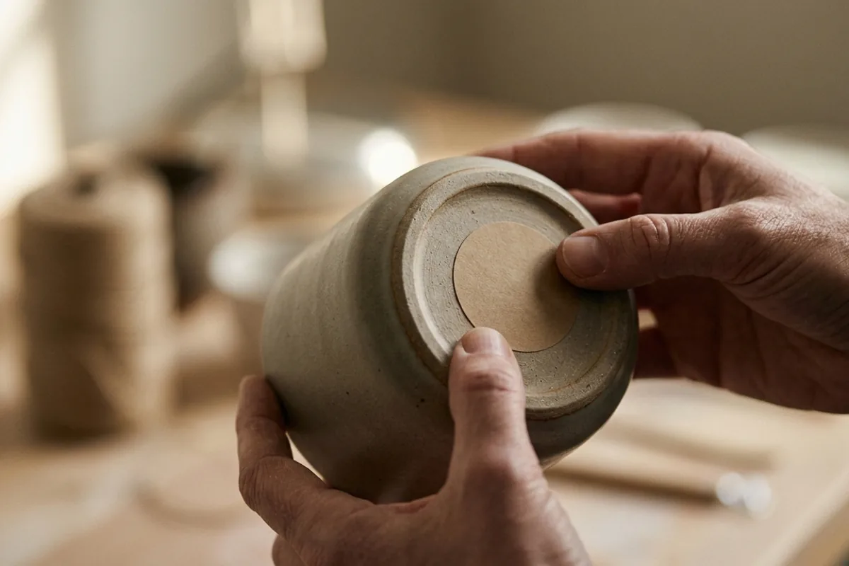 Batch labels being applied to the base of a stoneware candle vessel.