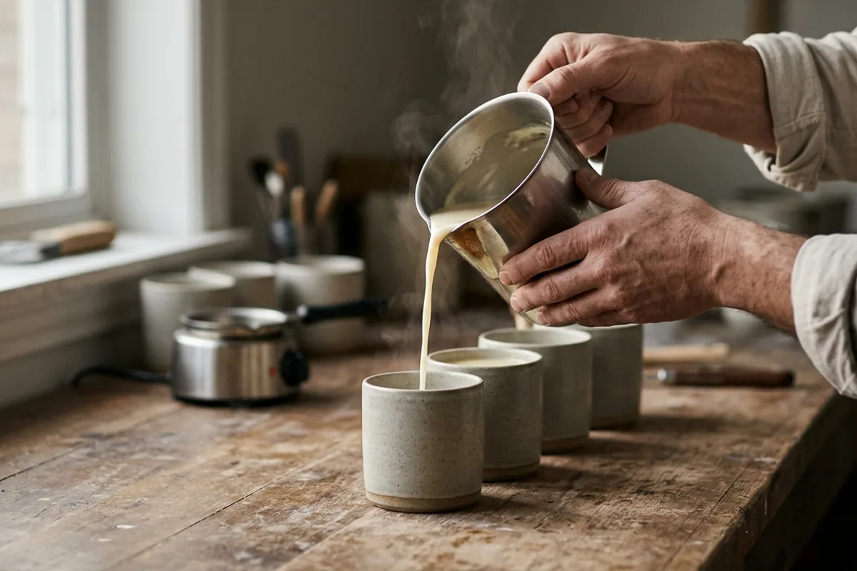 Wax being poured from a steel jug into a row of stoneware vessels on a studio bench.